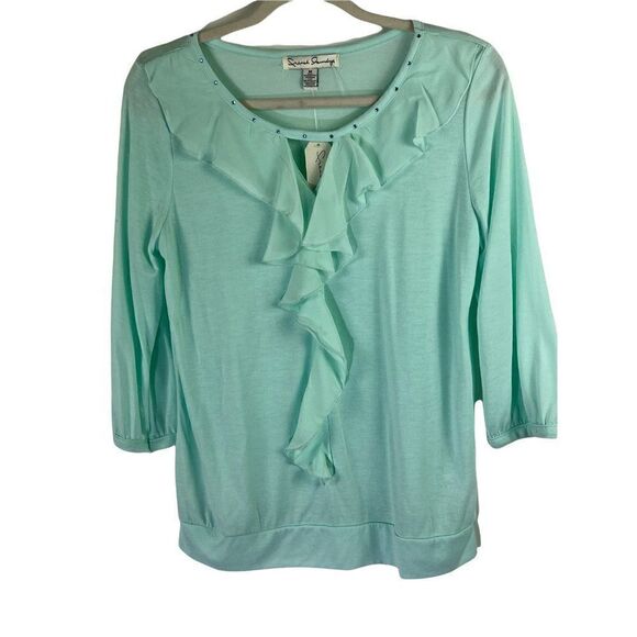 French Laundry Top Medium Blue Aqua Women Ruffle 3/4 Sleeve Colorful Sparkle New - Picture 1 of 5